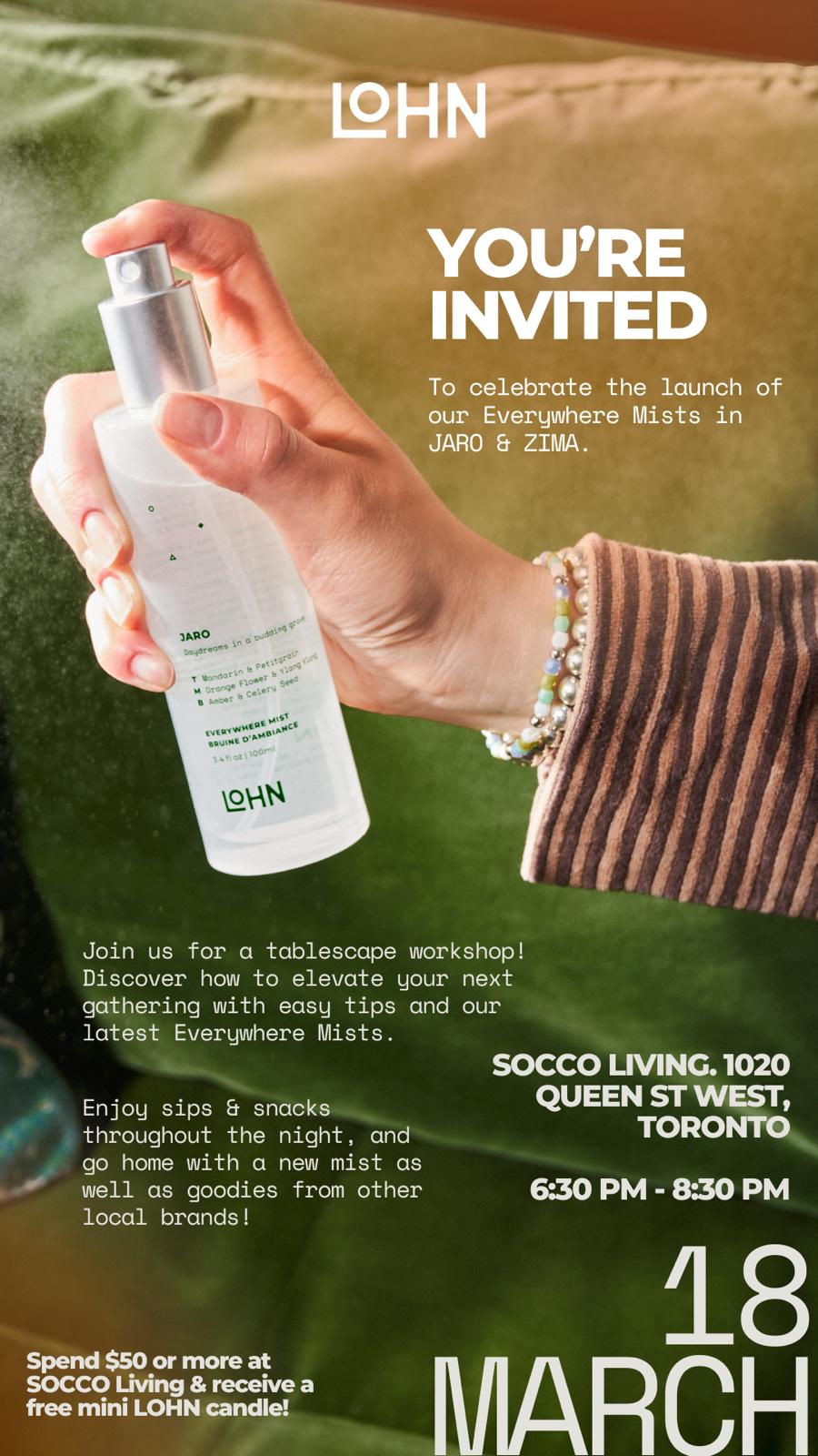 LOHN invitation for the Everywhere Mists launch at SOCCO Living