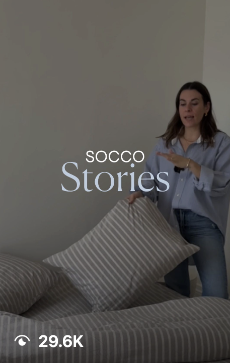 SOCCO Stories post featuring a presenter arranging a striped pillow