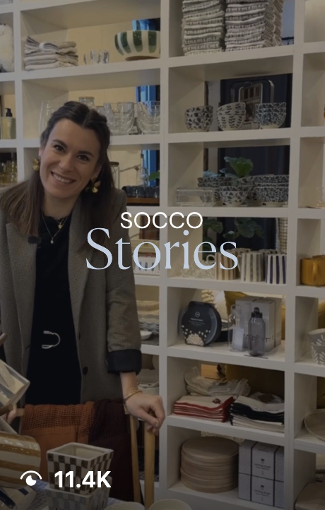 SOCCO Stories post featuring a presenter in front of homeware shelves